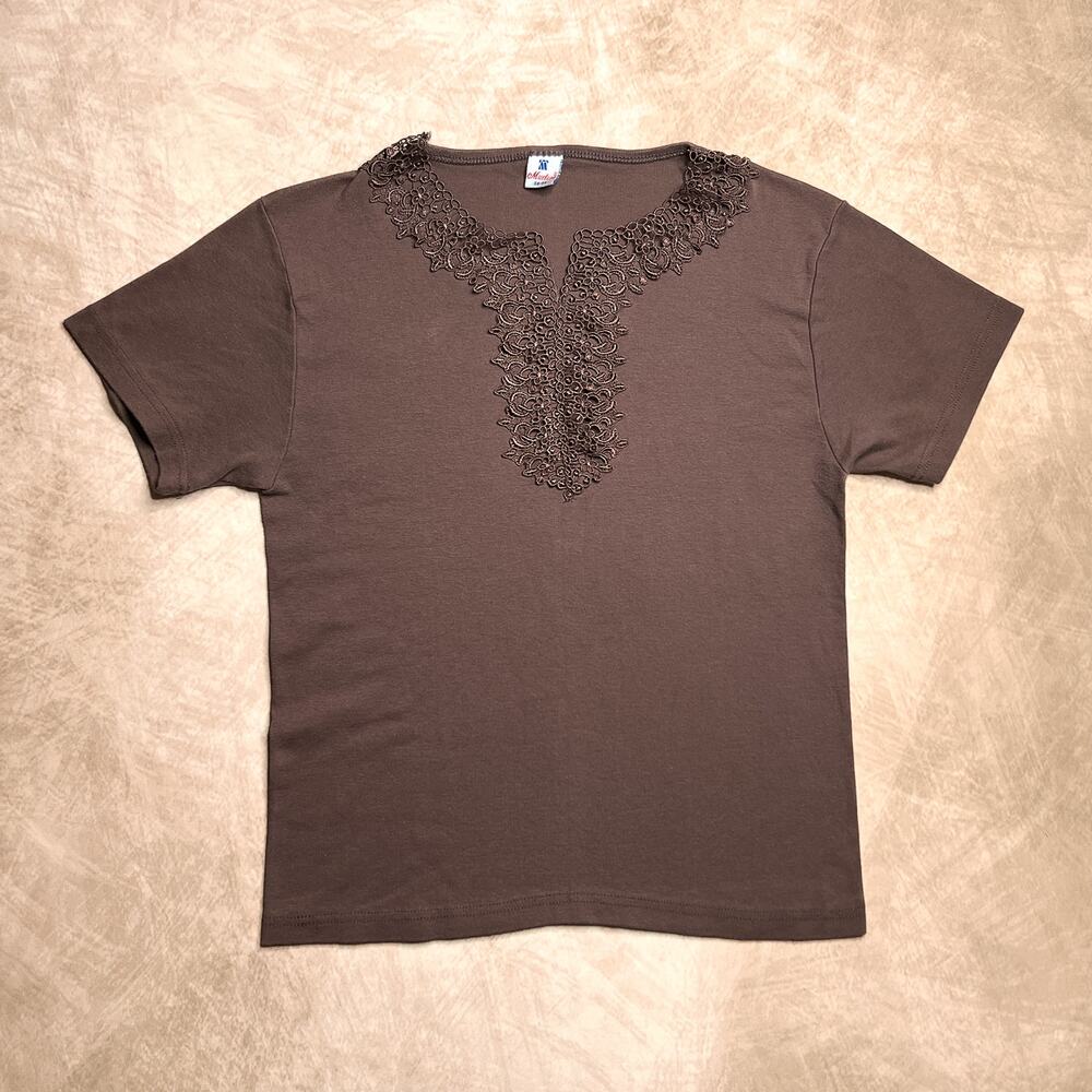 Vintage 90s Floral Lace Medieval Top Brown Renaissance Peasant Castlecore Fairy